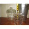 Image 5 : Qty 2 Glass Canisters w/ Lids 8" & 10"H w/ Tall Metal Bucket 14"H