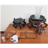 Image 1 : Qty 2 Wooden Asian Vase Stands, 3 Square Wood Serving Plates, Coffee Mug, etc