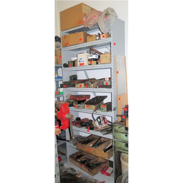 Metal 7-Tier Shelf & Contents: Clippers, Hand Tools, Rods, Measuring Tools, Bits, etc