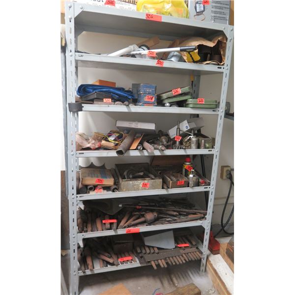Metal 6-Tier Shelf & Contents: Lights, Hand Tools, Grinding Wheels, Oil Can, Bits, etc