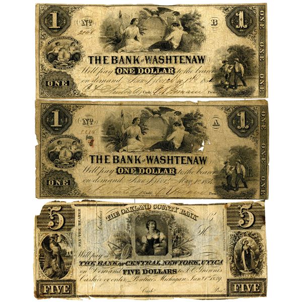 Michigan Obsolete Banknote Trio, ca.1839-1854.