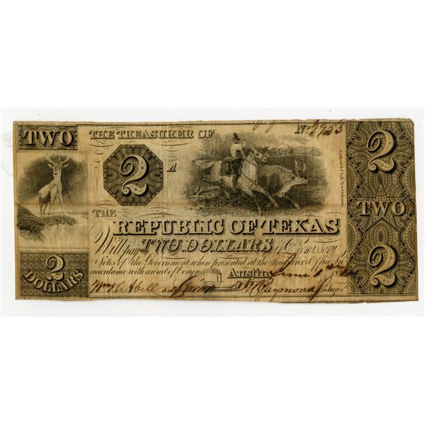 Republic of Texas, 1840, $2 Obsolete Banknote.