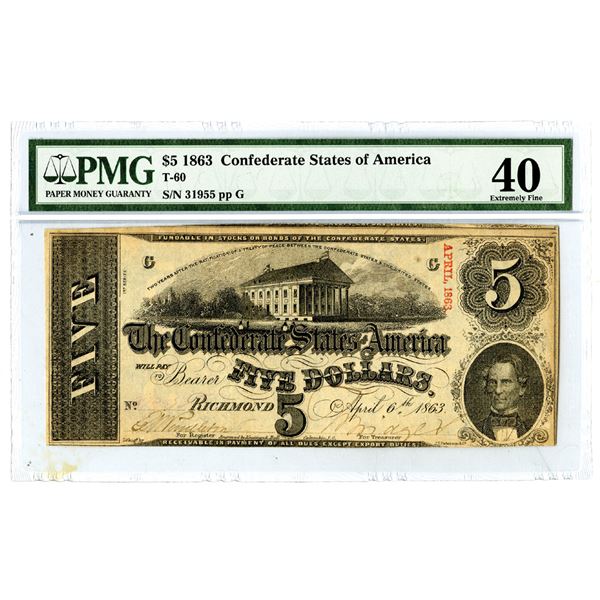 C.S.A., 1863 $5, T-60, Issued Banknote