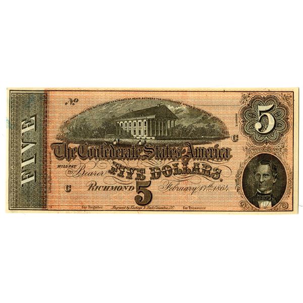 C.S.A., 1864, $5, T-69, Cr.565,  Unissued 7 over Inverted 7 Series Banknote.