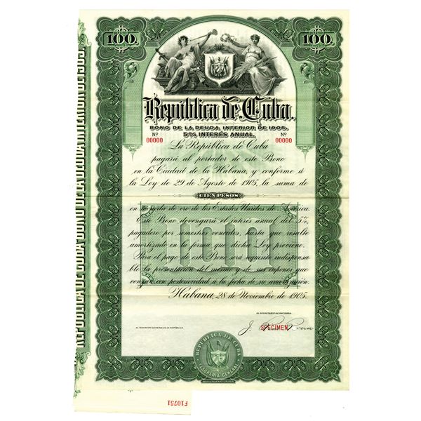 Republic of Cuba, 1905 Specimen Bond