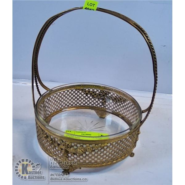 ANTIQUE BRASS AND CRYSTAL CANDY DISH