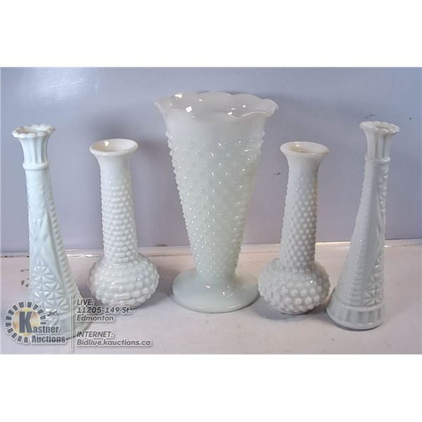 BOX OF MILK GLASS VASES