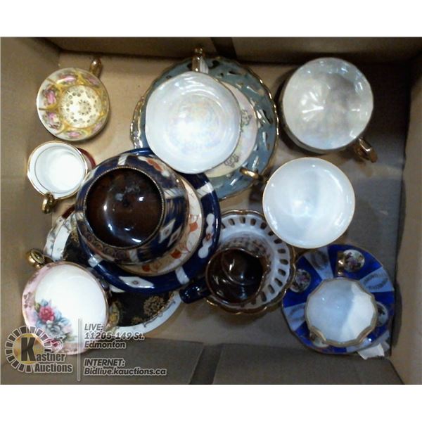 BOX LOT OF TEA CUPS AND SAUCERS