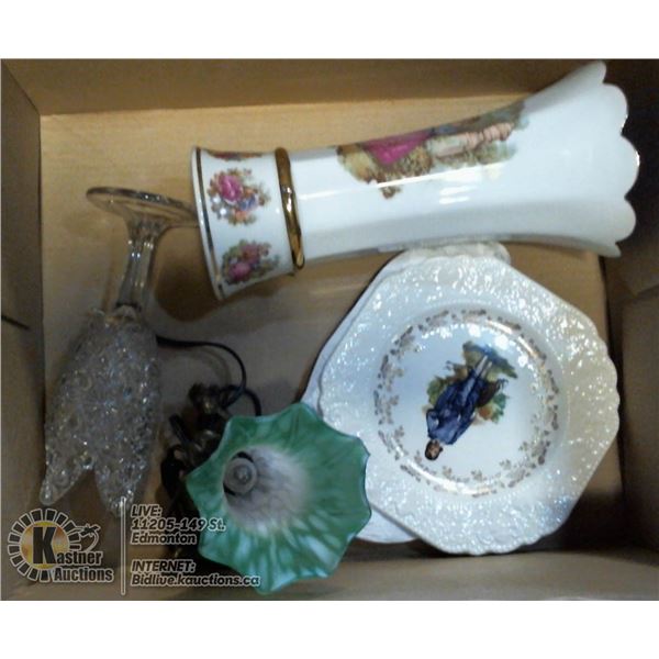 BOX LOT OF VASES WITH VASE LAMP