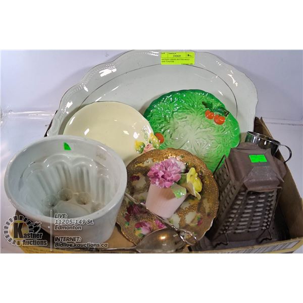 ANTIQUE DISHES BUTTER MOLD AND TOASTER