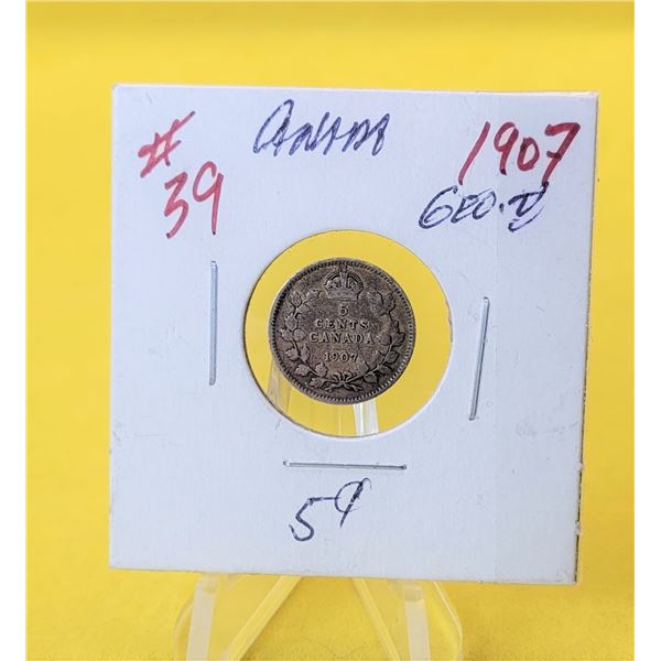 23)  CANADIAN 1907 SILVER 5 CENT COIN