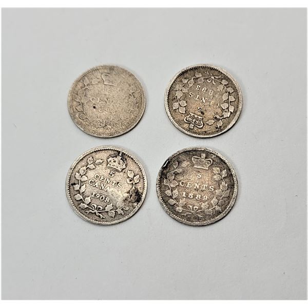 34)  LOT OF 4 CANADIAN NICKLES, 1889, 1893, 1896 &