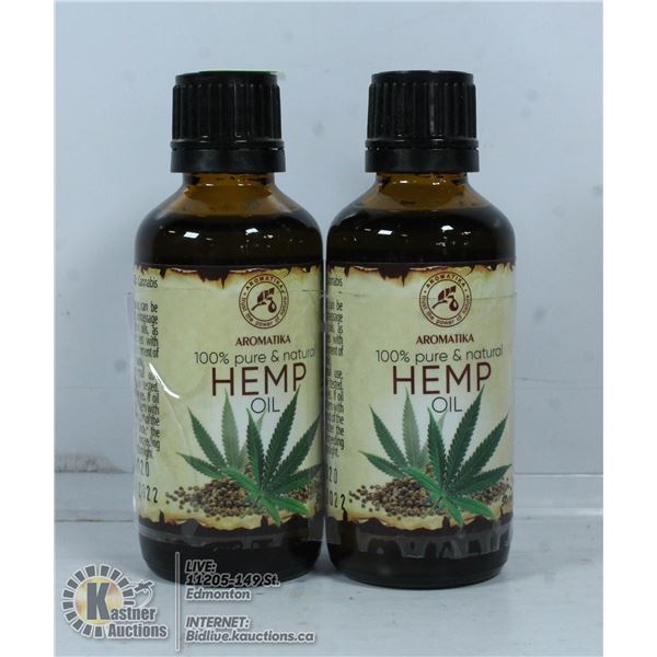 TWO BOTTLES OF 100% PURE AND NATURAL HEMP OIL.