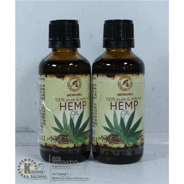 TWO BOTTLES OF 100% PURE AND NATURAL HEMP OIL.