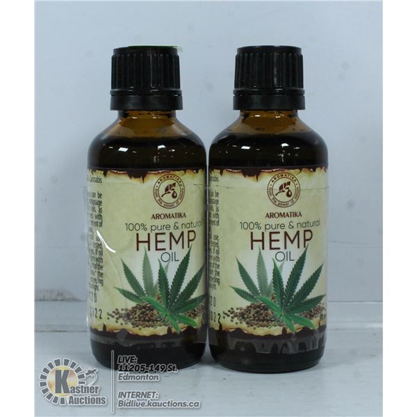 TWO BOTTLES OF 100% PURE AND NATURAL HEMP OIL.