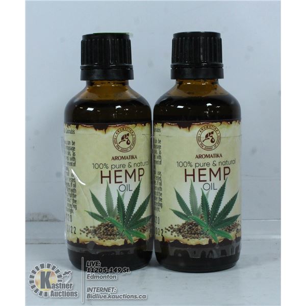 TWO BOTTLES OF 100% PURE AND NATURAL HEMP OIL.