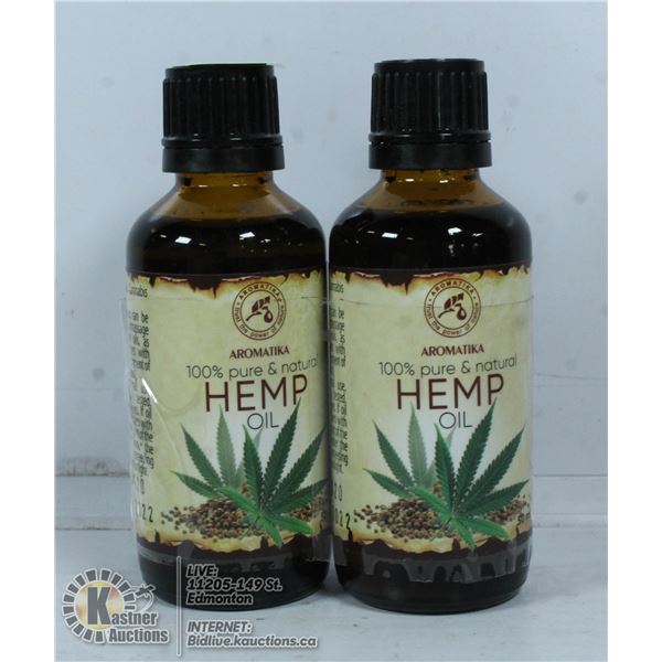 TWO BOTTLES OF 100% PURE AND NATURAL HEMP OIL.