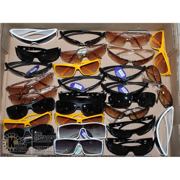 LARGE FLAT OF ASSORTED DESIGNER STYLES SUNGLASSES.