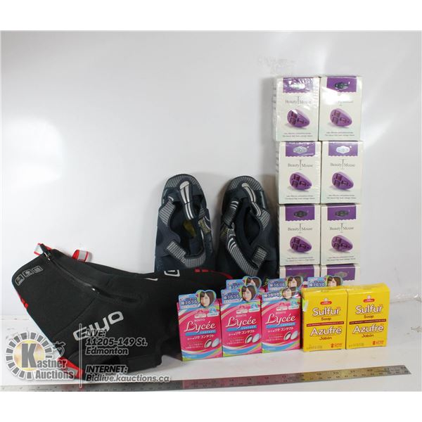 BOX OF MISC INCLUDING BEAUTY MICE, CONTACTS, WATER