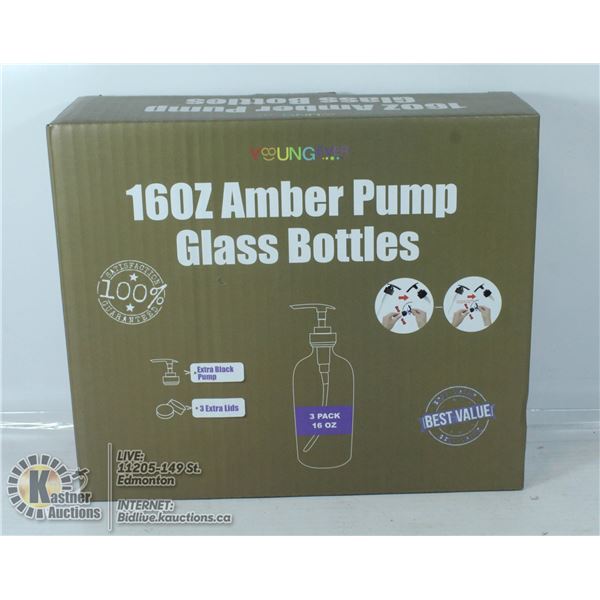 3 PACK 160Z AMBER PUMP GLASS BOTTLES