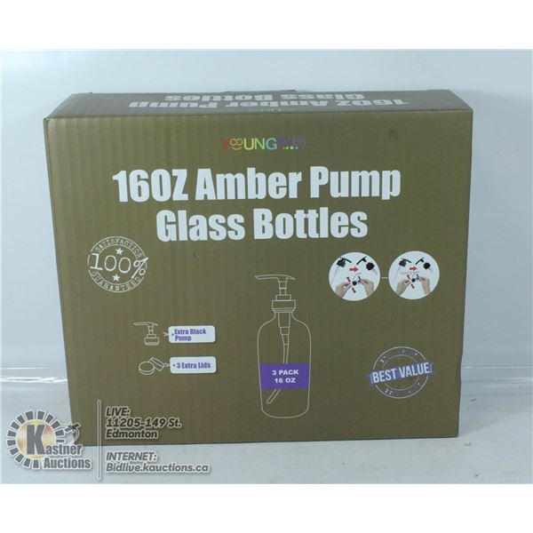 3 PACK 160Z AMBER PUMP GLASS BOTTLES