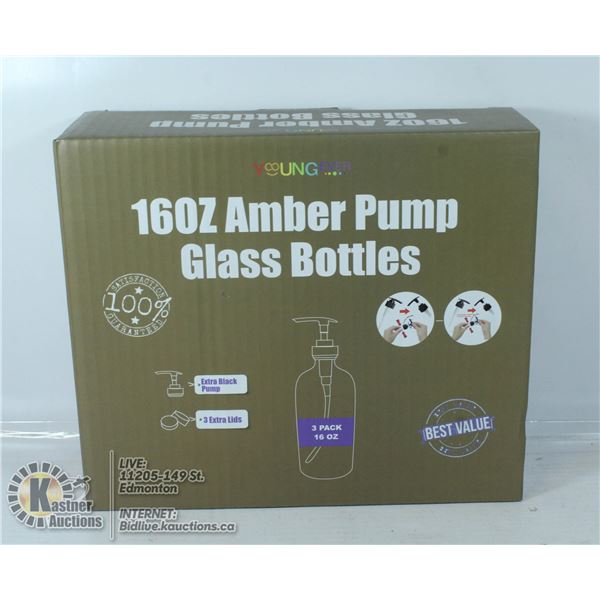 3 PACK 160Z AMBER PUMP GLASS BOTTLES