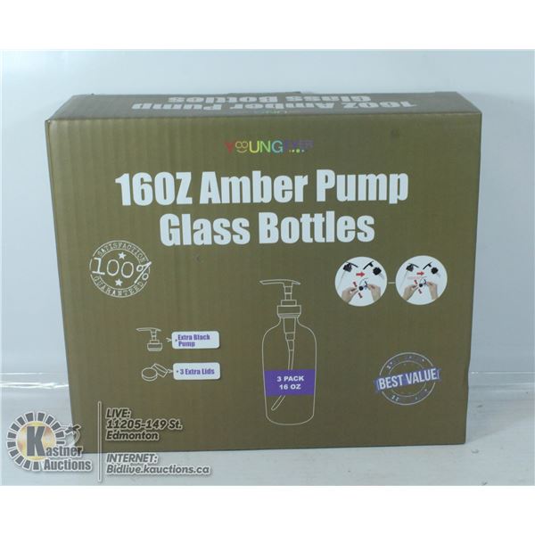 3 PACK 160Z AMBER PUMP GLASS BOTTLES