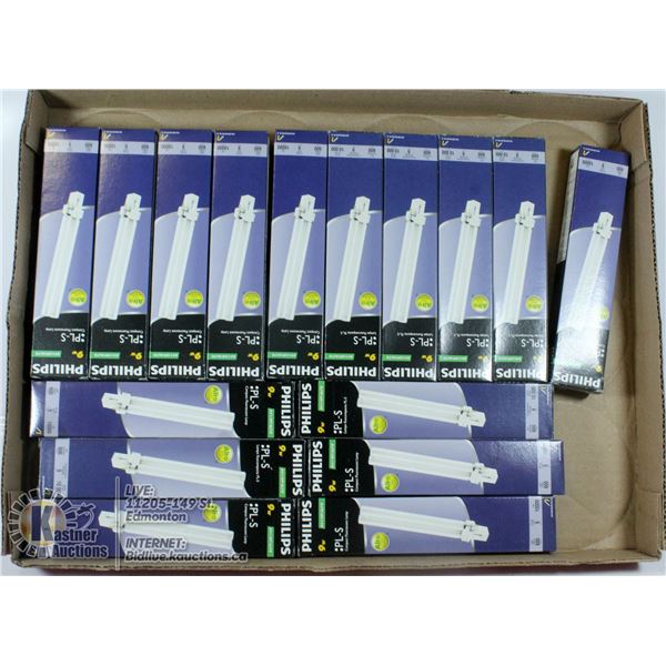 FLAT OF 9W PHILIPS COMPACT FLORESCENT LIGHT BULBS.