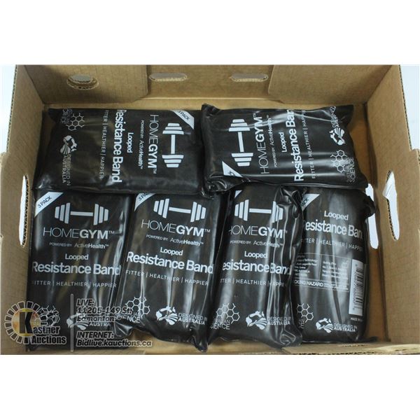 6 BAGS OF HOMEGYM LOOPED RESISTANCE BANDS. 3 BANDS