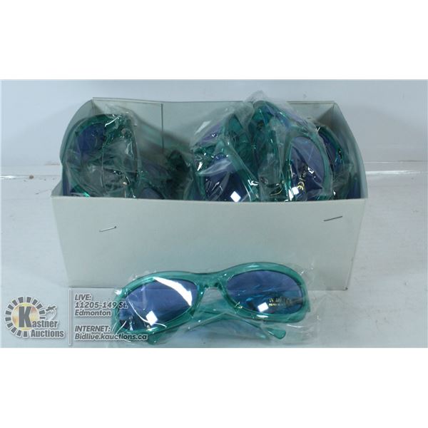 BOX OF NEW DESIGNER STYLE BLUE LENSE SUNGLASSES.