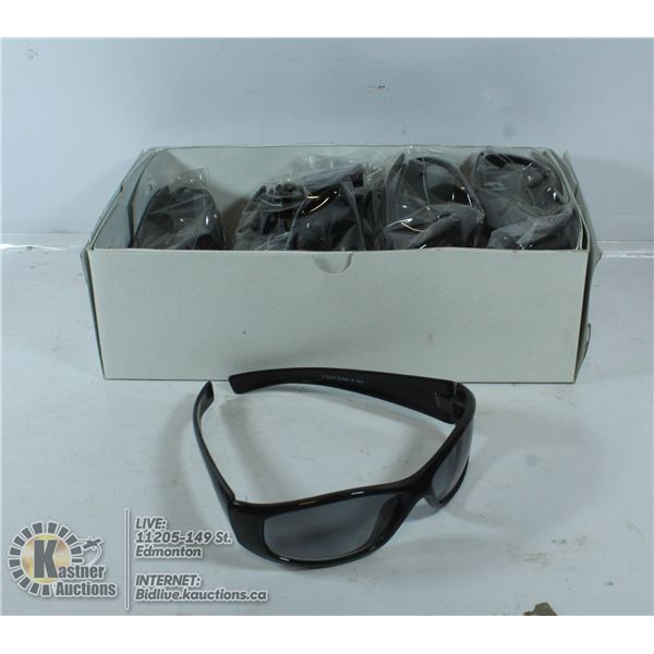 BOX OF SLEEK BLACK WIDE FRAMED SUNGLASSES.