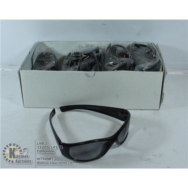 BOX OF SLEEK BLACK WIDE FRAMED SUNGLASSES.