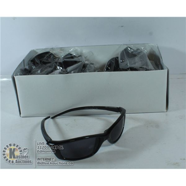 BOX OF SLEEK BLACK NARROW FRAMED SUNGLASSES.