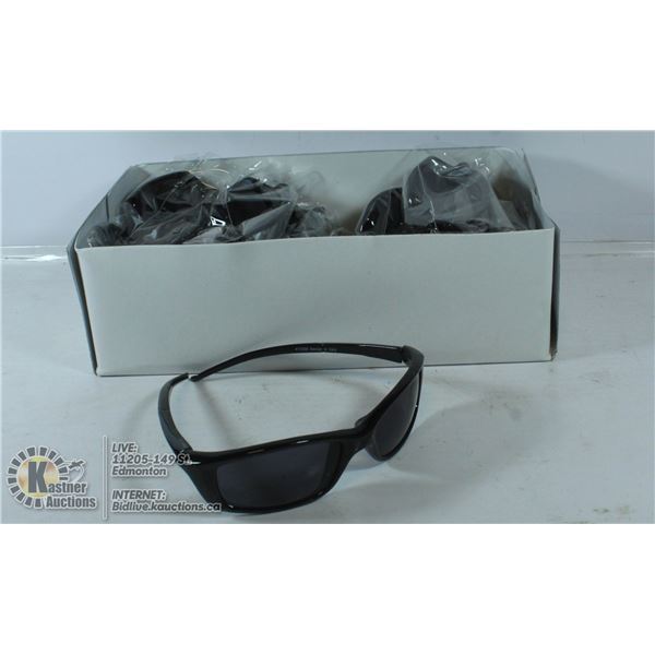 BOX OF SLEEK BLACK NARROW FRAMED SUNGLASSES.