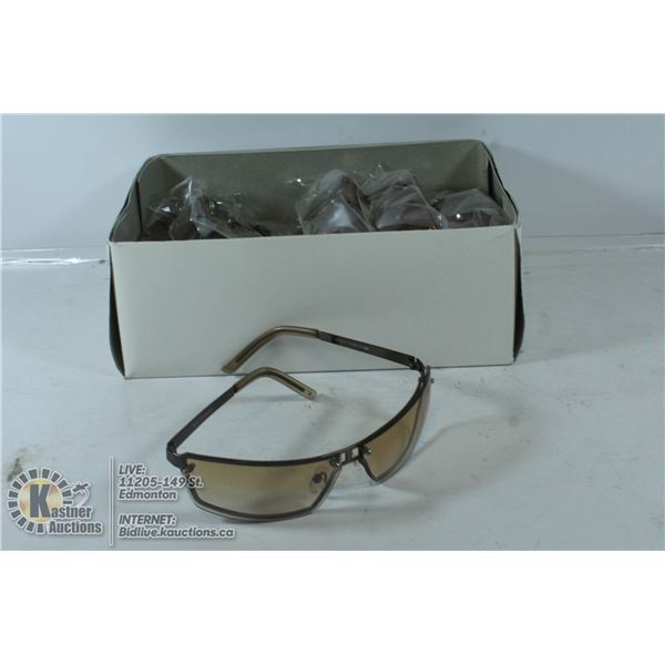 BOX OF SLEEK BROWN METAL SUNGLASSES DESIGNED IN