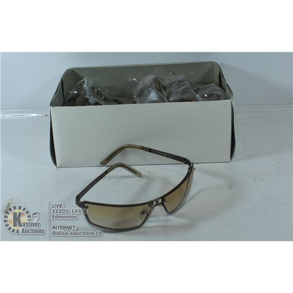 BOX OF SLEEK BROWN METAL SUNGLASSES DESIGNED IN