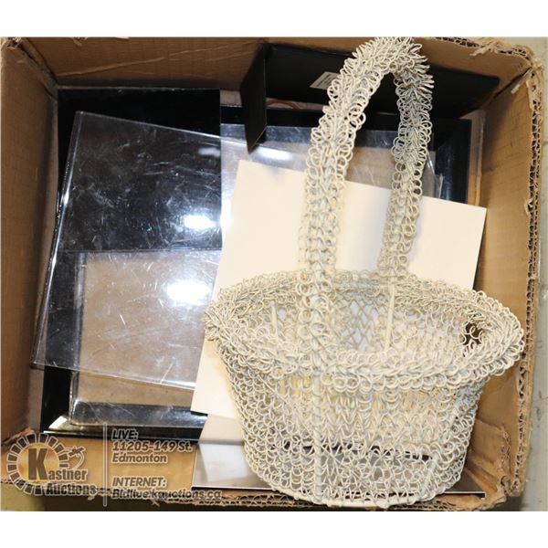 BOX OF PICTURE FRAMES AND WIRE BASKET
