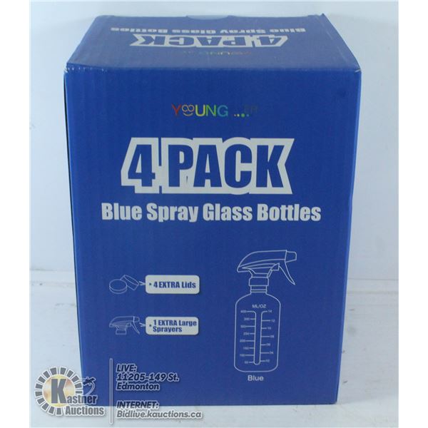 4 PACK OF BLUE SPRAY GLASS BOTTLES.