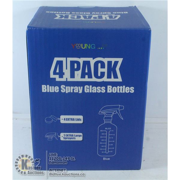 4 PACK OF BLUE SPRAY GLASS BOTTLES.