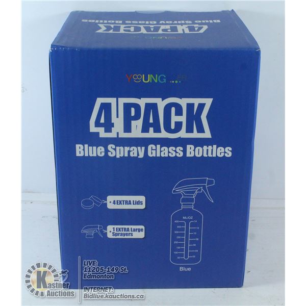 4 PACK OF BLUE SPRAY GLASS BOTTLES.