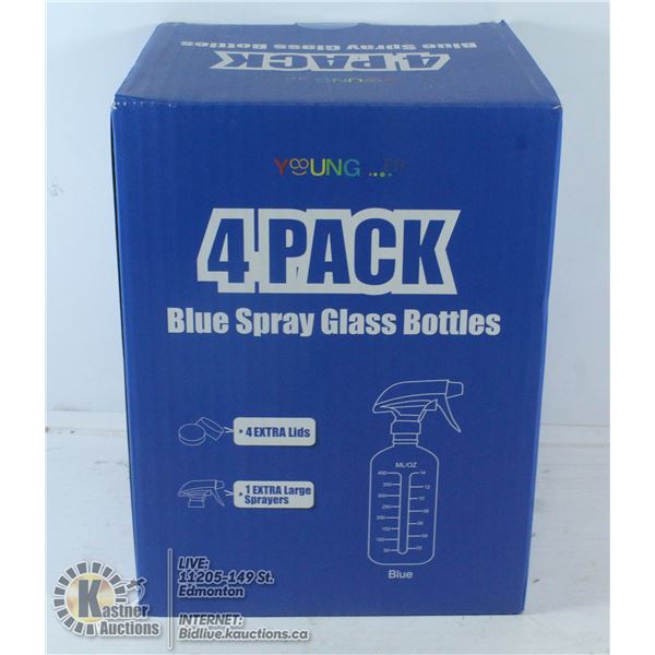 4 PACK OF BLUE SPRAY GLASS BOTTLES.