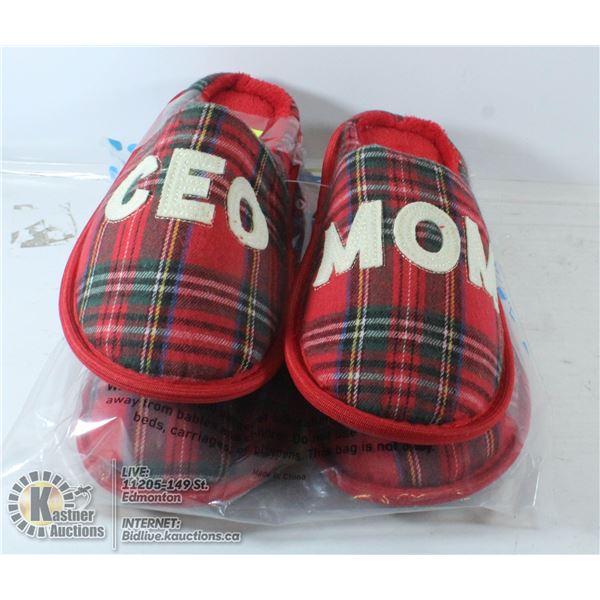 TWO PAIRS OF BERGMAN KELLY "CEO MOM" SLIPPERS.