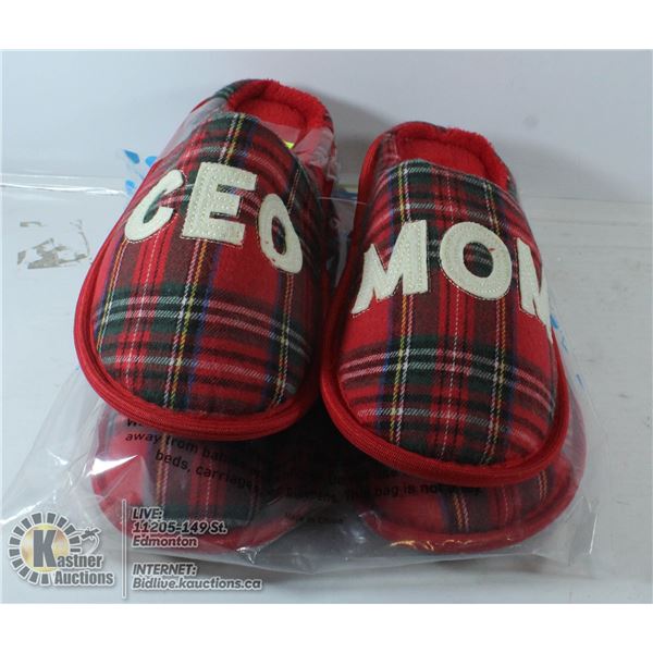 TWO PAIRS OF BERGMAN KELLY "CEO MOM" SLIPPERS.