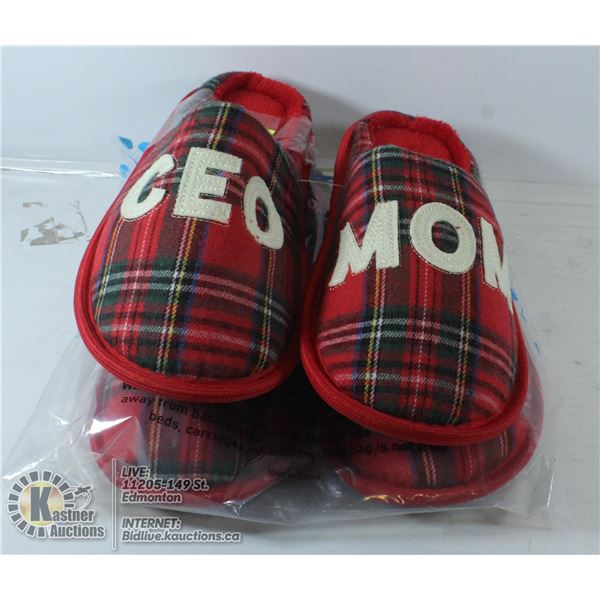 TWO PAIRS OF BERGMAN KELLY "CEO MOM" SLIPPERS.