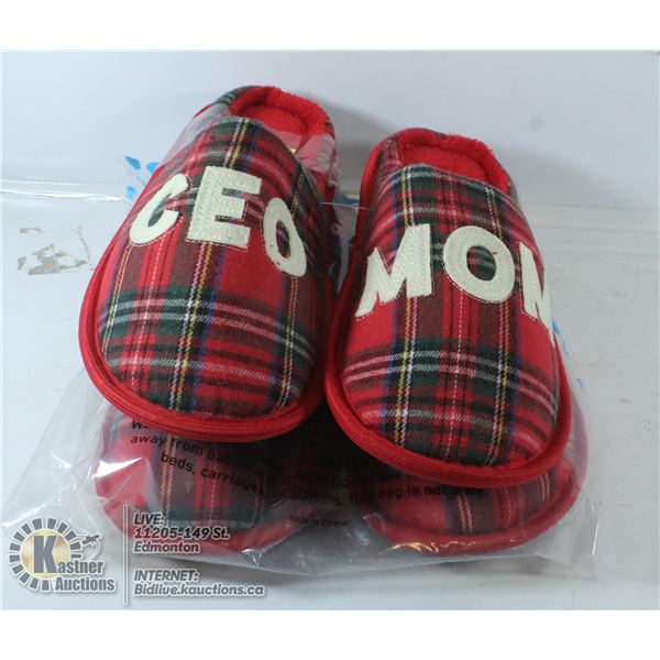 TWO PAIRS OF BERGMAN KELLY "CEO MOM" SLIPPERS.