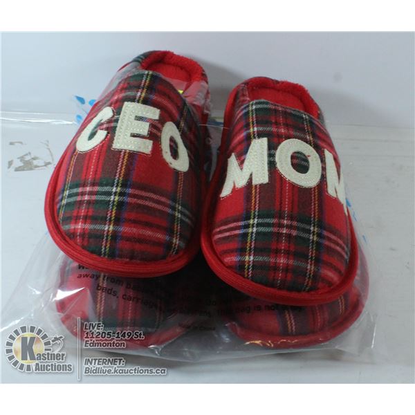 TWO PAIRS OF BERGMAN KELLY "CEO MOM" SLIPPERS.