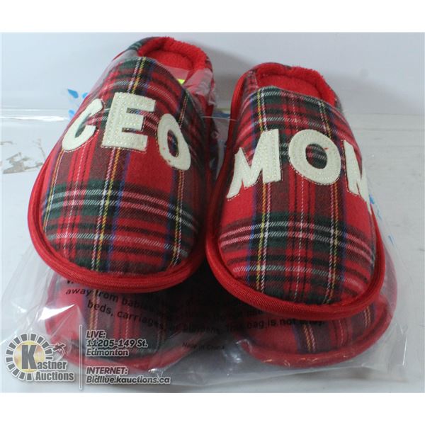 TWO PAIRS OF BERGMAN KELLY "CEO MOM" SLIPPERS.