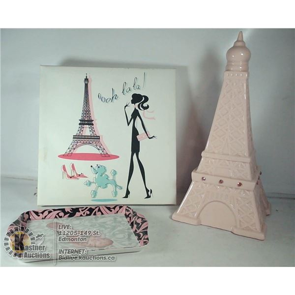 PARIS DECOR LOT: EIFFEL TOWER COIN BANK, APRON