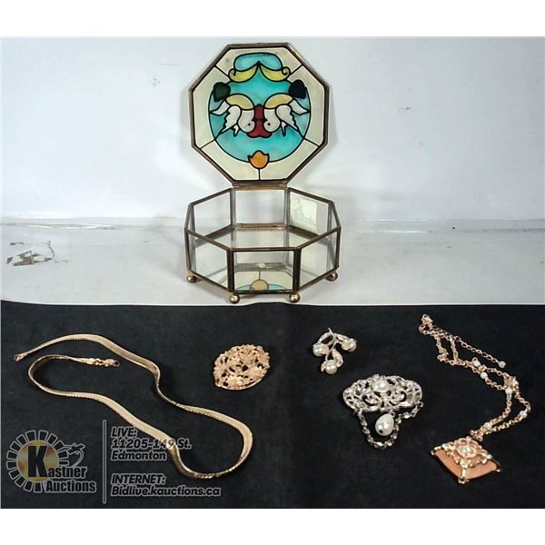 STAINED GLASS HEXAGON TRINKET BOX WITH CONTENTS