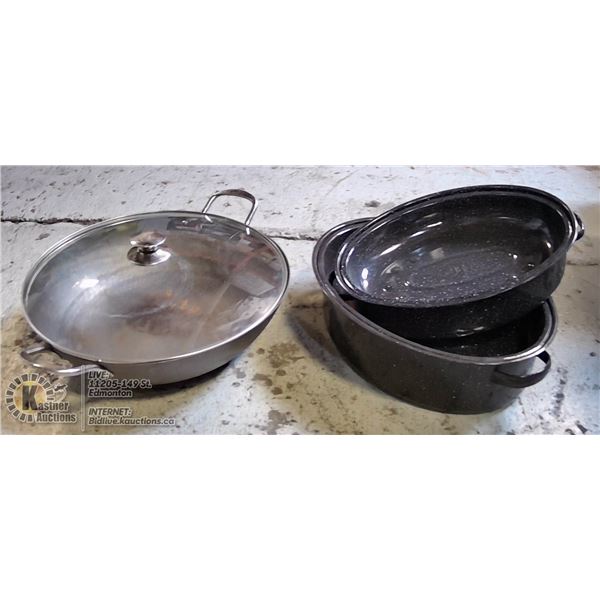 PAIR OF ROASTERS & 16" WOK PAN WITH LID